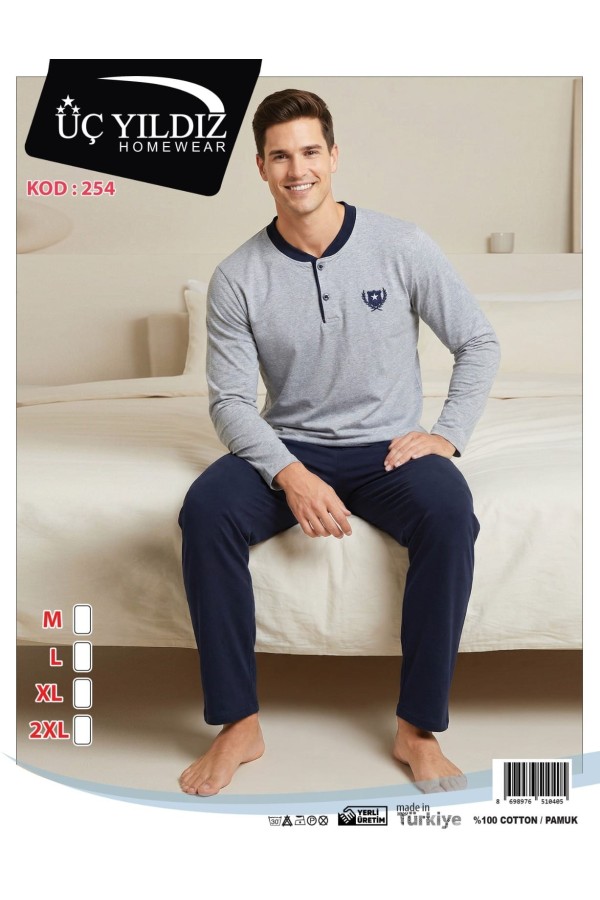 Üç Yıldız Açık Gri Lacivert Erkek Uzun Kollu Pijama Takımı