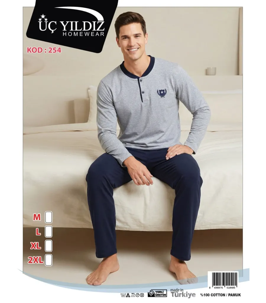 Üç Yıldız Açık Gri Lacivert Erkek Uzun Kollu Pijama Takımı
