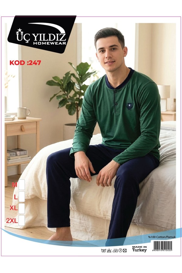 Üç Yıldız Yeşil Lacivert Erkek Uzun Kollu Pijama Takımı