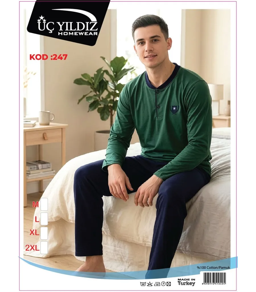 Üç Yıldız Yeşil Lacivert Erkek Uzun Kollu Pijama Takımı