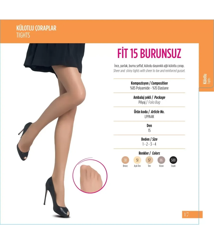 Toptan Vizon Fit 15 Burunsuz Külotlu Çorap
